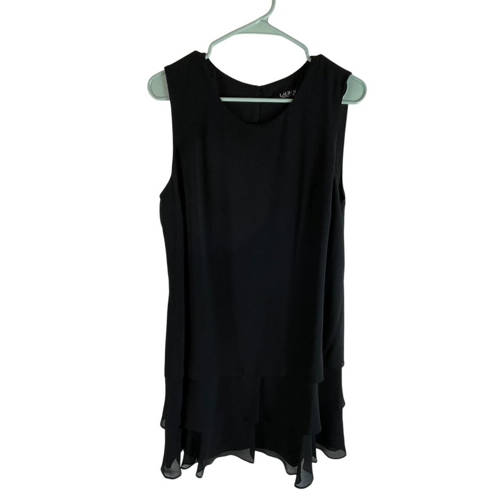 Ralph Lauren Above Knee Dress Womens Sz 12 Black Sleeveless Ruffle